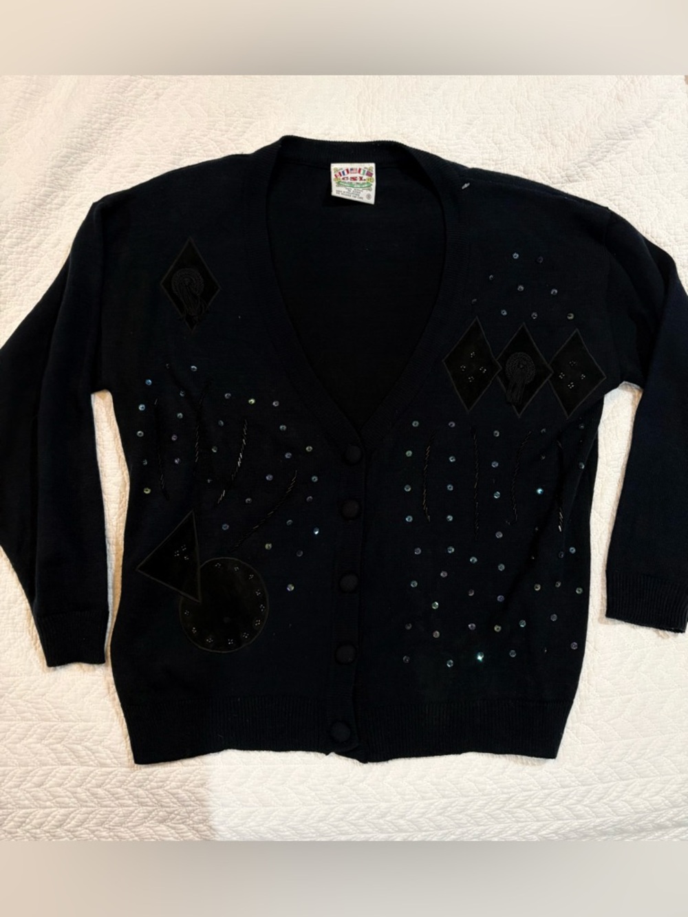 Vintage Black Embellished Geometric shapes, V-Neck Button-Front Cardigan Sweater